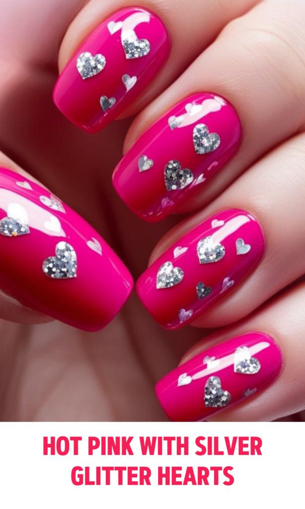 Hot Pink Nails with Silver Glitter Hearts