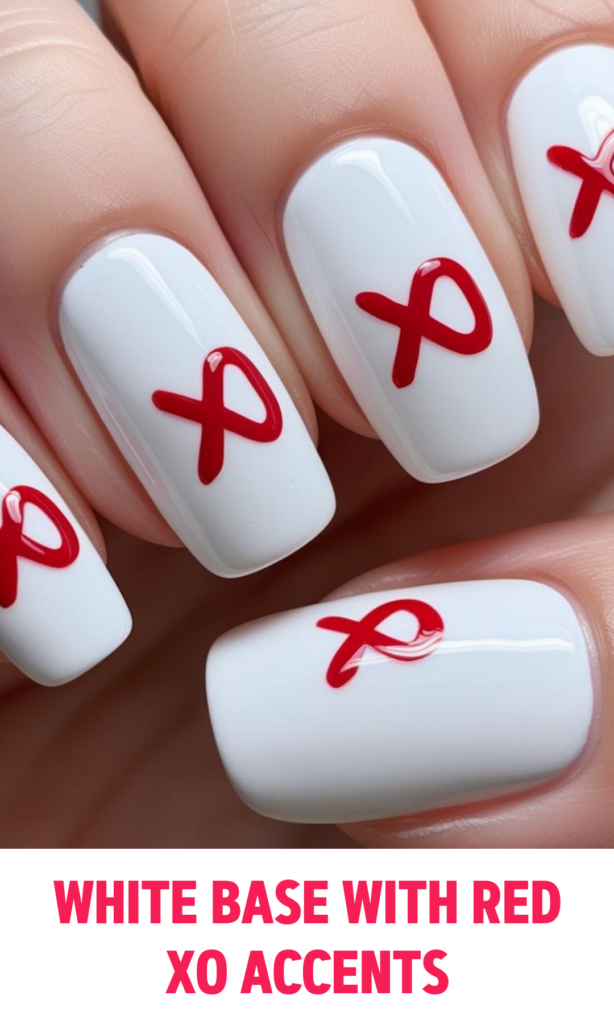 white base nails with tiny red XO accents