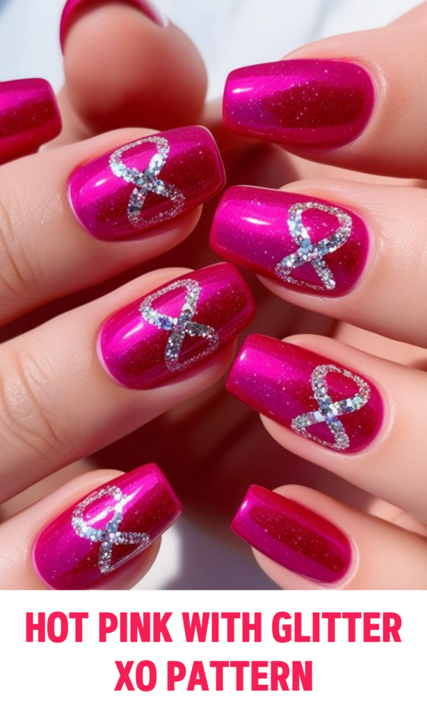 Hot pink nails with glitter XO patterns