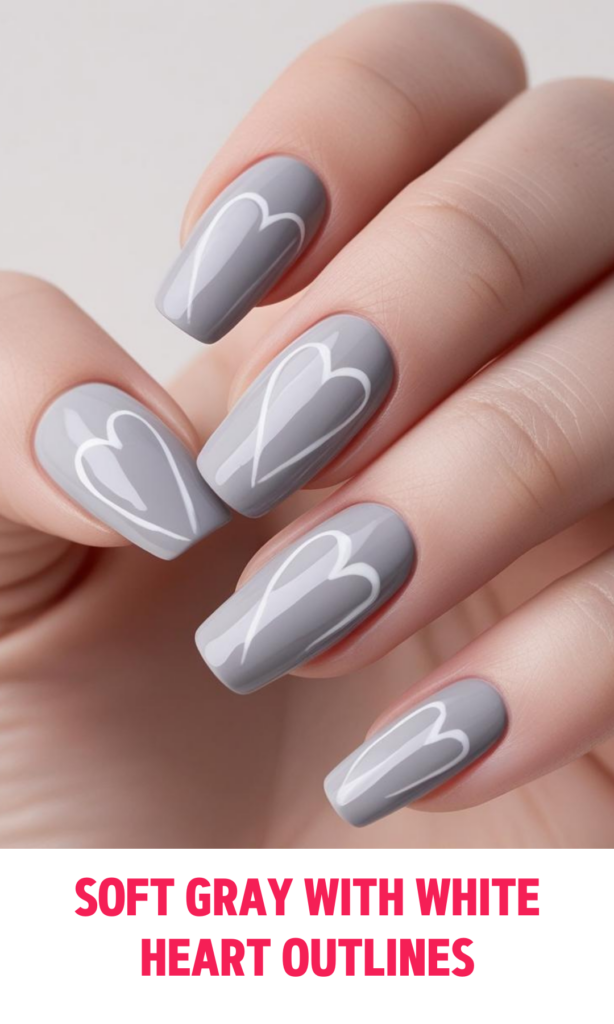 Soft Gray Nails with White Heart Outlines