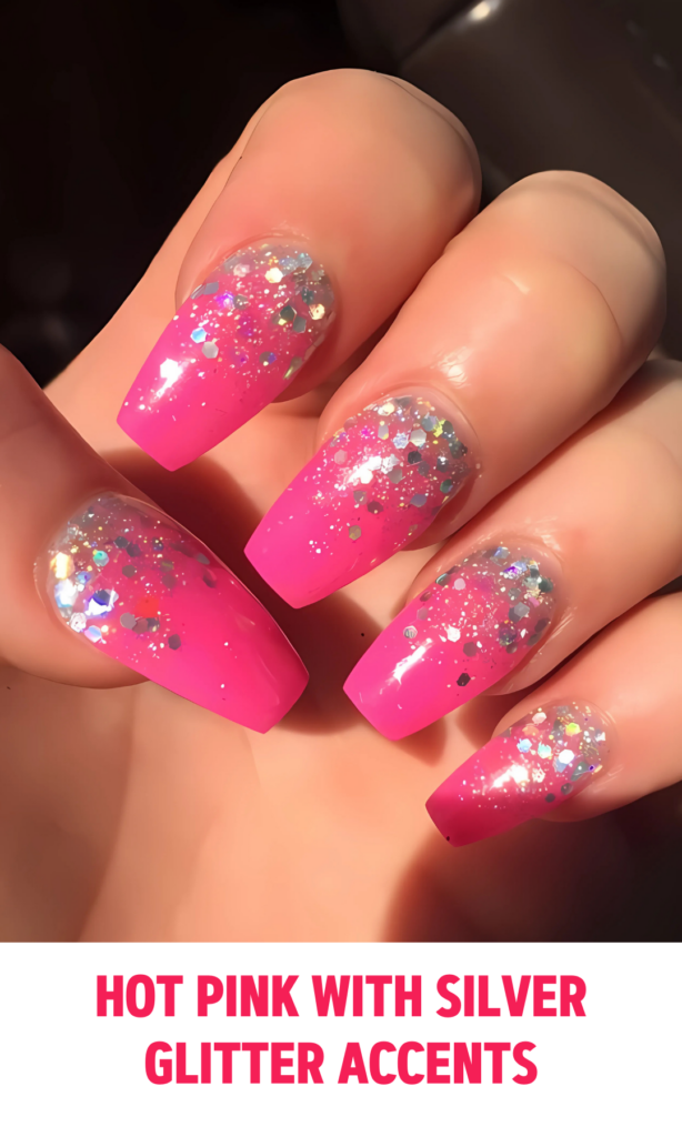 Hot Pink Nails with Silver Glitter Accents