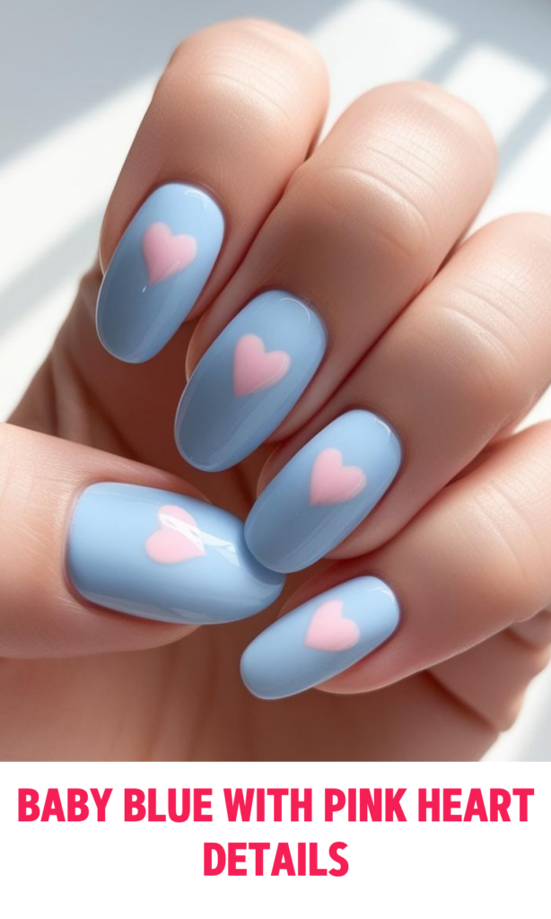 Baby Blue Nails with Pink Heart Details