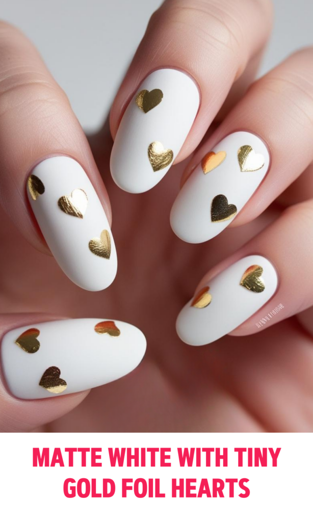 Matte White Nails with Tiny Gold Foil Hearts