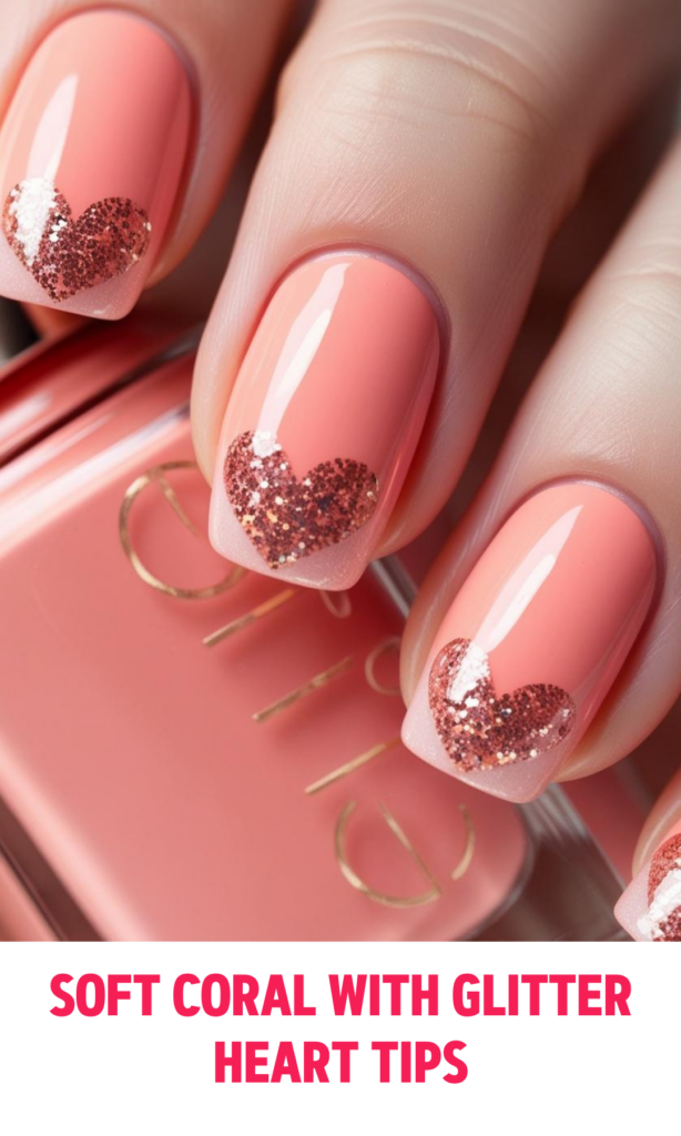 Soft Coral Nails with Glitter Heart Tips