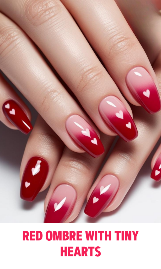 Red Ombre Nails with Tiny Hearts