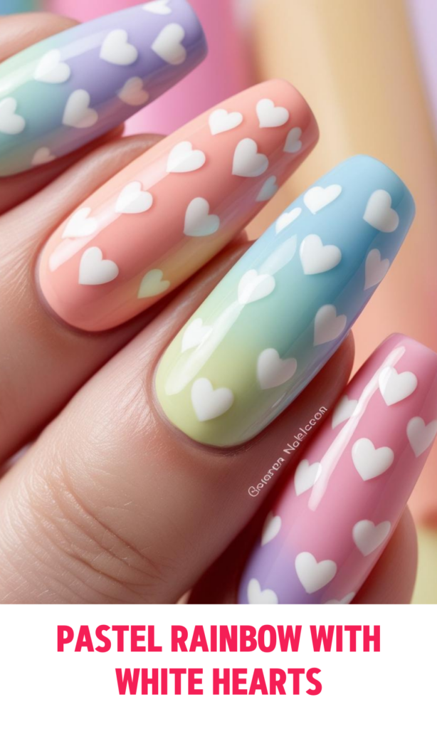 Pastel Rainbow Nails with White Hearts