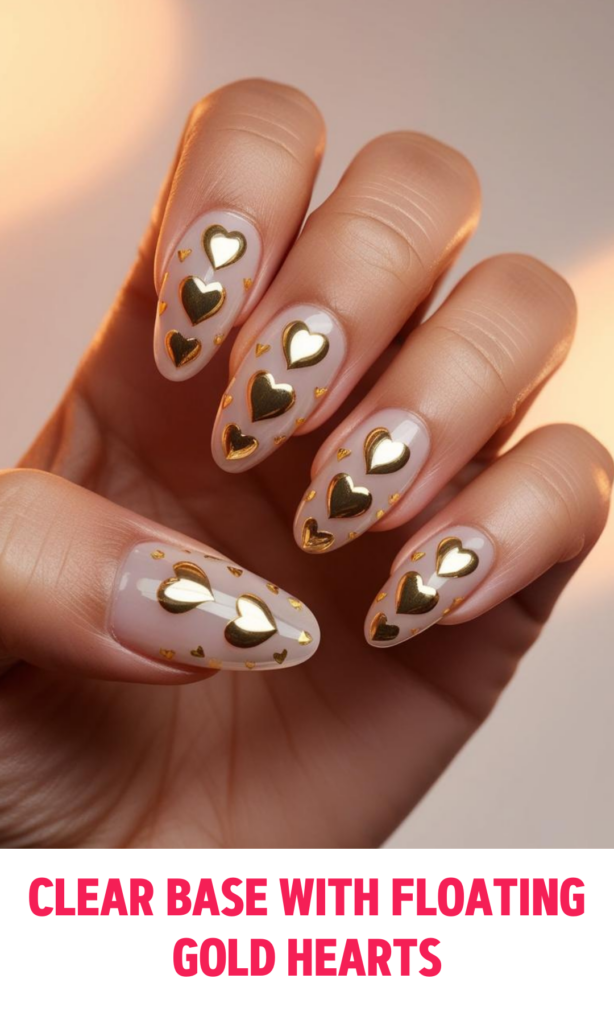 Clear Base Nails with Floating Gold Hearts