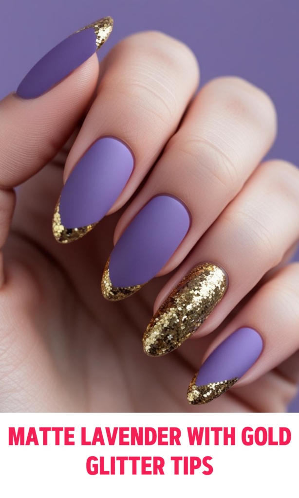 Matte Lavender Nails with Gold Glitter Tips