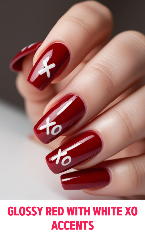 Glossy Red Nails with White XO Accents