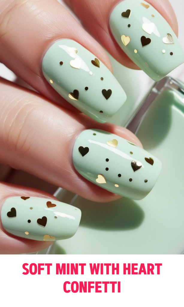 Soft Mint Nails with Heart Confetti