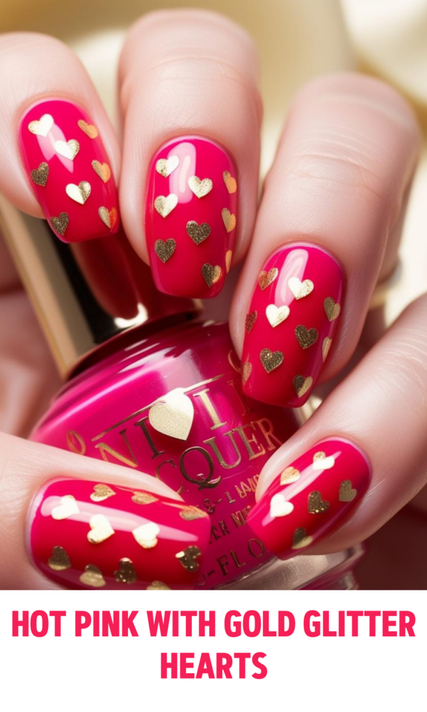 Hot Pink Nails with Gold Glitter Hearts