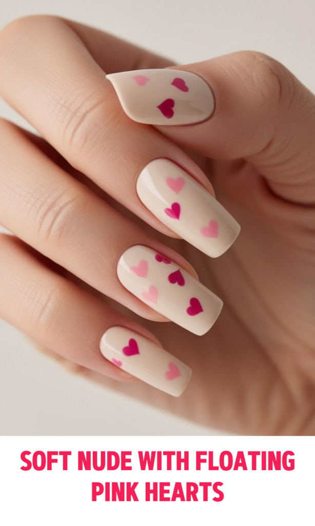 Soft Nude Nails with Floating Pink Hearts