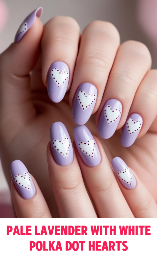 Pale Lavender Nails with White Polka Dot Hearts