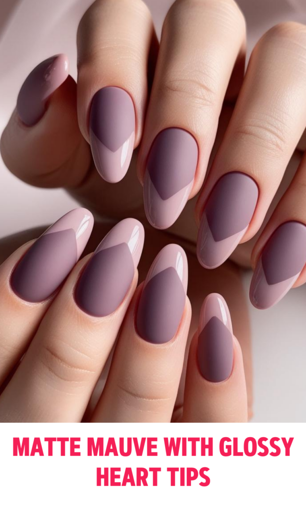 Matte Mauve Nails with Glossy Heart Tips