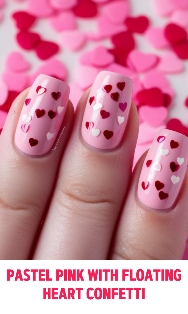 Pastel Pink Nails with Floating Heart Confetti