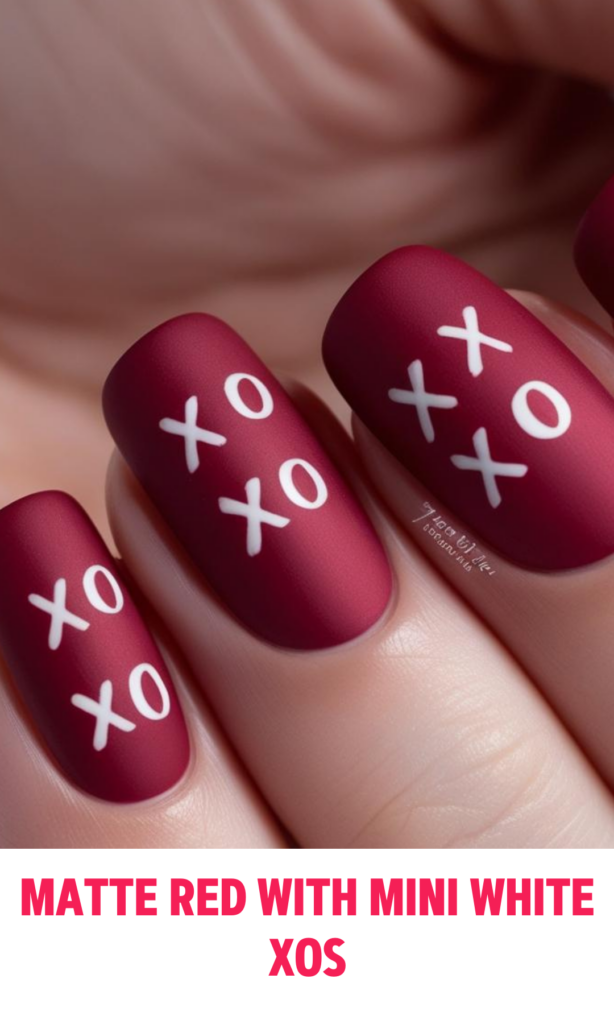 Matte Red Nails with Mini White XOs