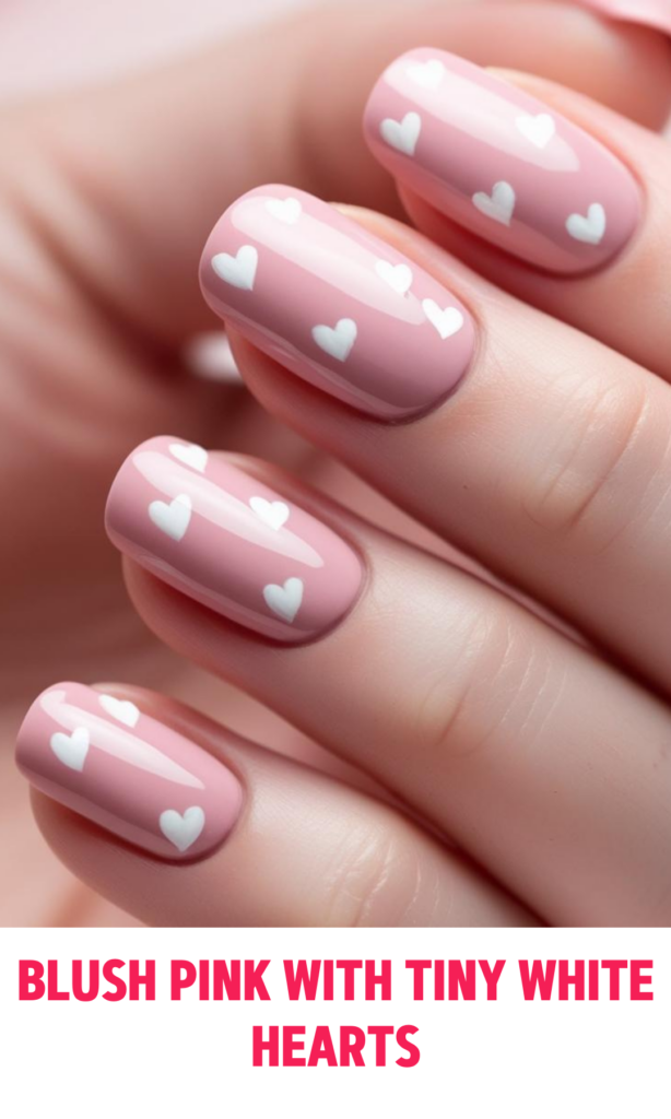 Blush Pink Nails with Tiny White Hearts