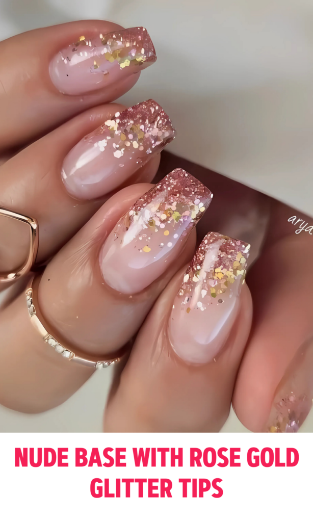 Nude Base Nails with Rose Gold Glitter Tips