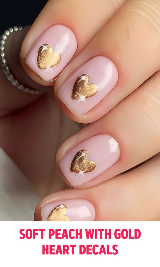 Soft Peach Nails with Gold Heart Decals