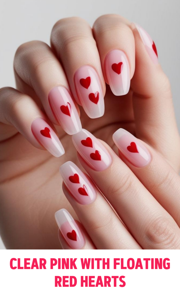 Clear Pink Nails with Floating Red Hearts