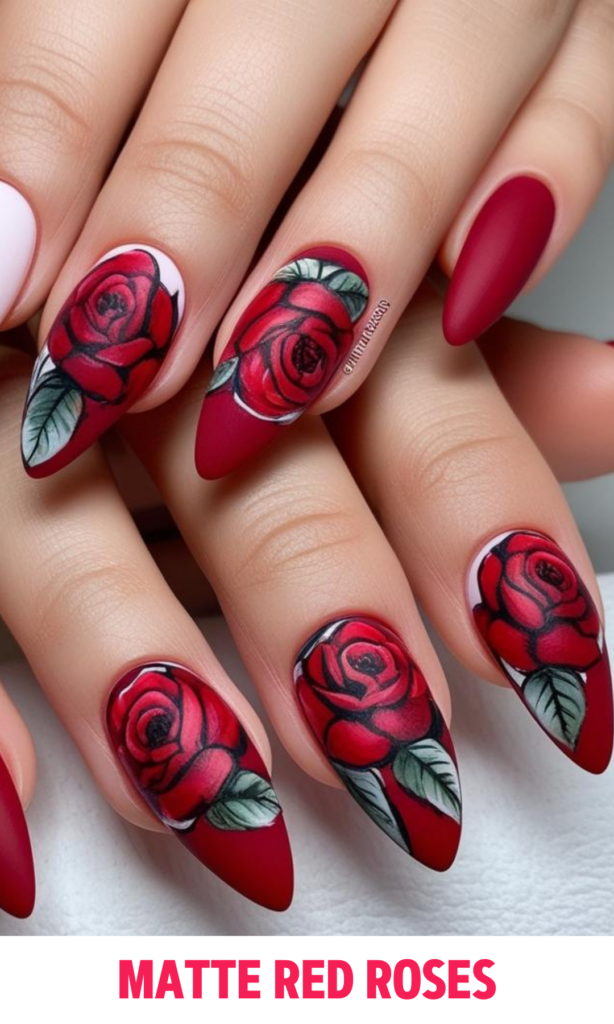 Matte red base on almond-shaped acrylic nails with intricate hand-painted red rose designs