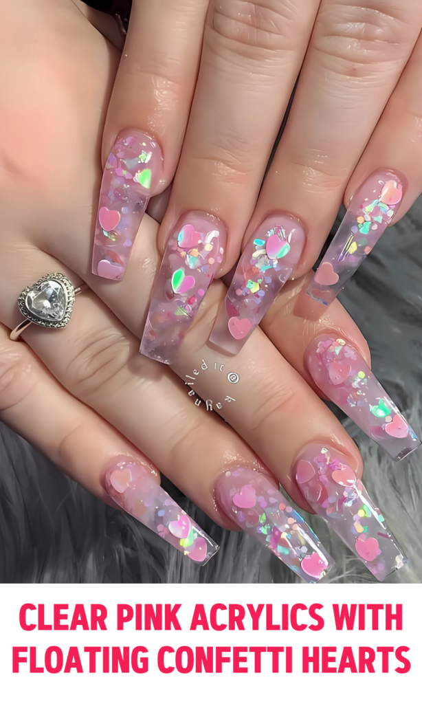 Clear Pink Acrylics with Floating Confetti Hearts