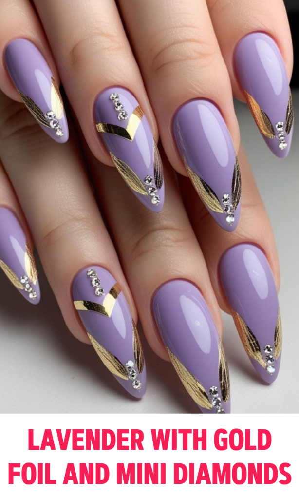 Lavender Nails with Gold Foil and Mini Diamonds