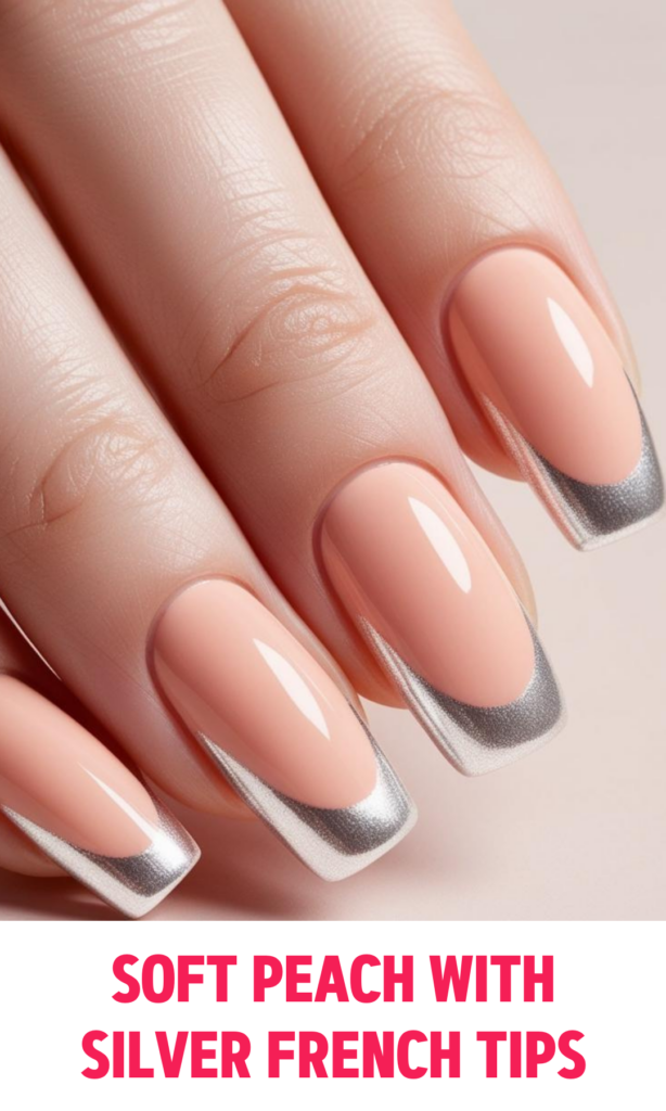 Soft Peach Nails with Silver French Tips