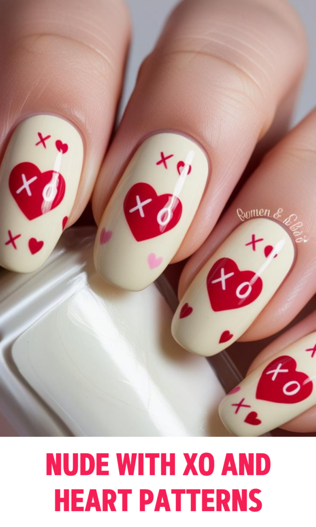 Nude Nails with XO and Heart Patterns