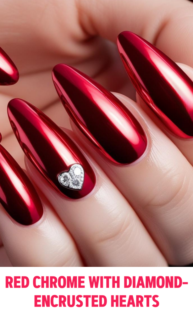 Red Chrome Nails with Diamond-Encrusted Hearts