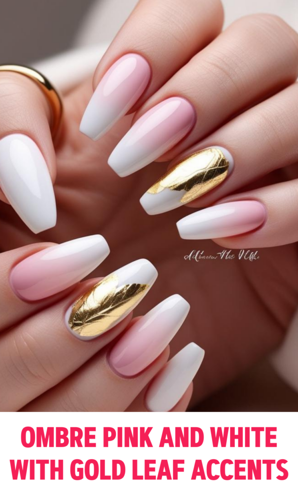 Ombre Pink and White Nails with Gold Leaf Accents