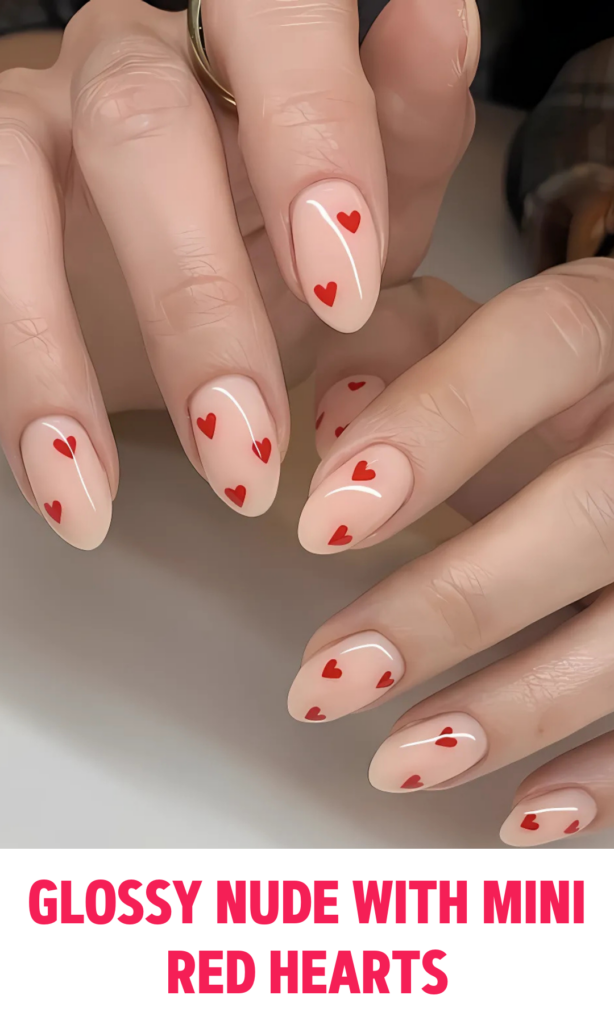 Glossy Nude Nails with Mini Red Hearts