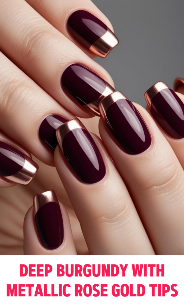 Deep Burgundy Nails with Metallic Rose Gold Tips