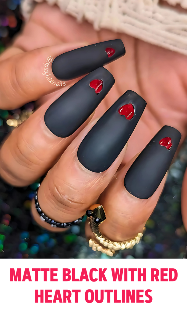 Matte Black Nails with Red Heart Outlines