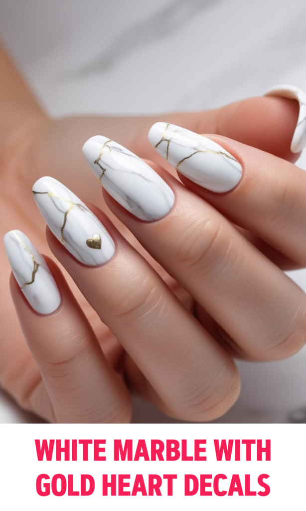 White MarbleNails  with Gold Heart Decals