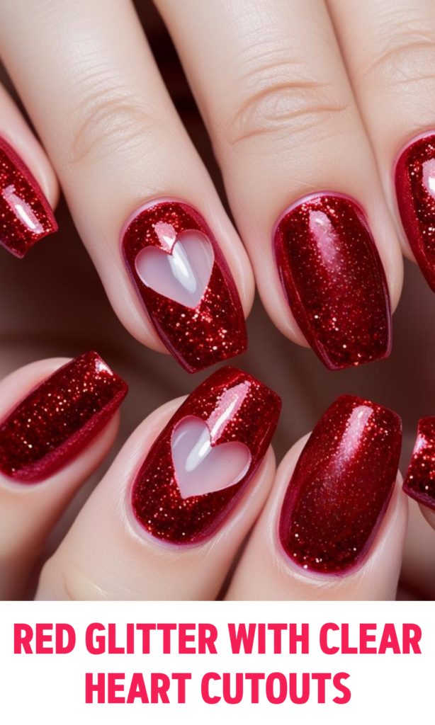 Red Glitter Nails with Clear Heart Cutouts