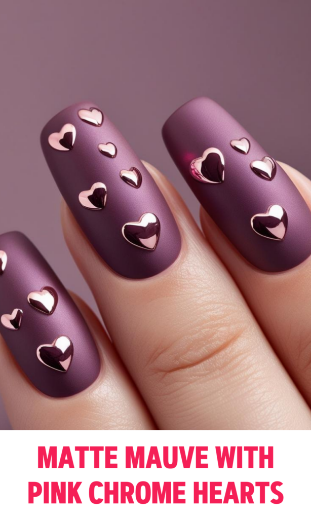 Matte Mauve Nails with Pink Chrome Hearts