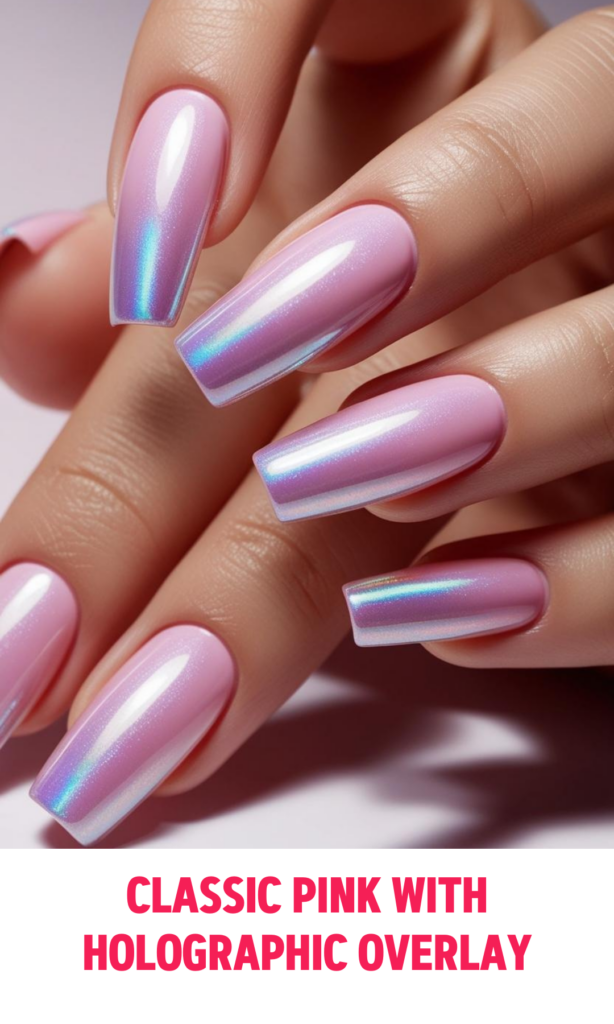 Classic Pink Nails with Holographic Overlay