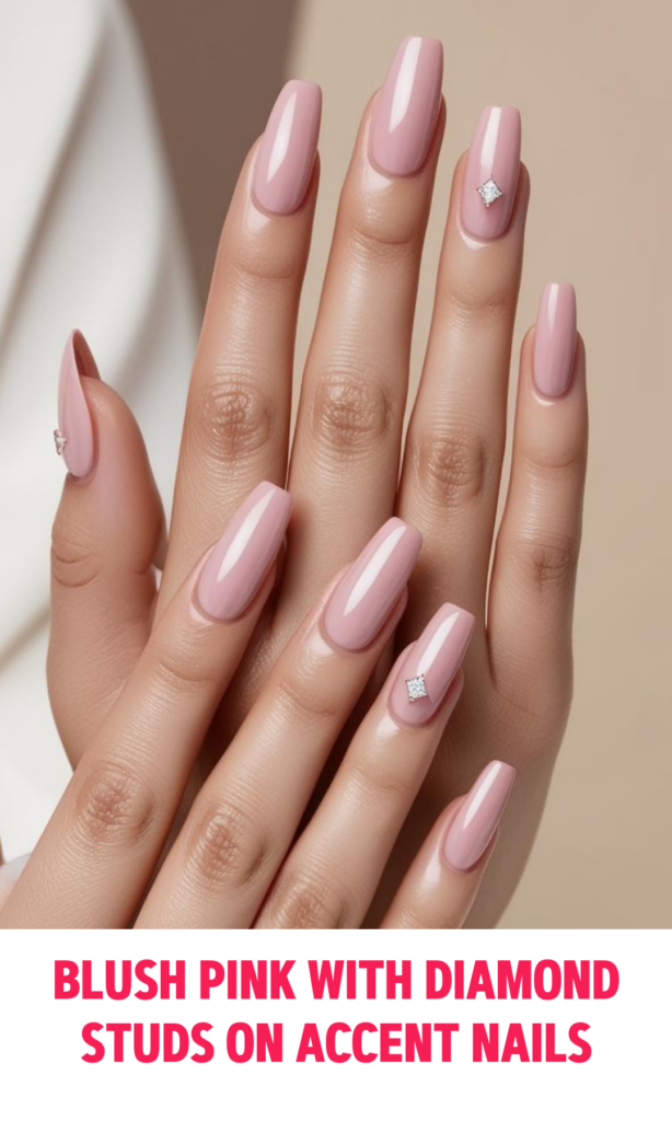 Blush Pink Nails with Diamond Studs on Accent Nails