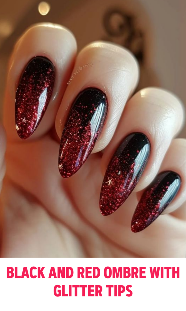 Black and Red Ombre Nails with Glitter Tips