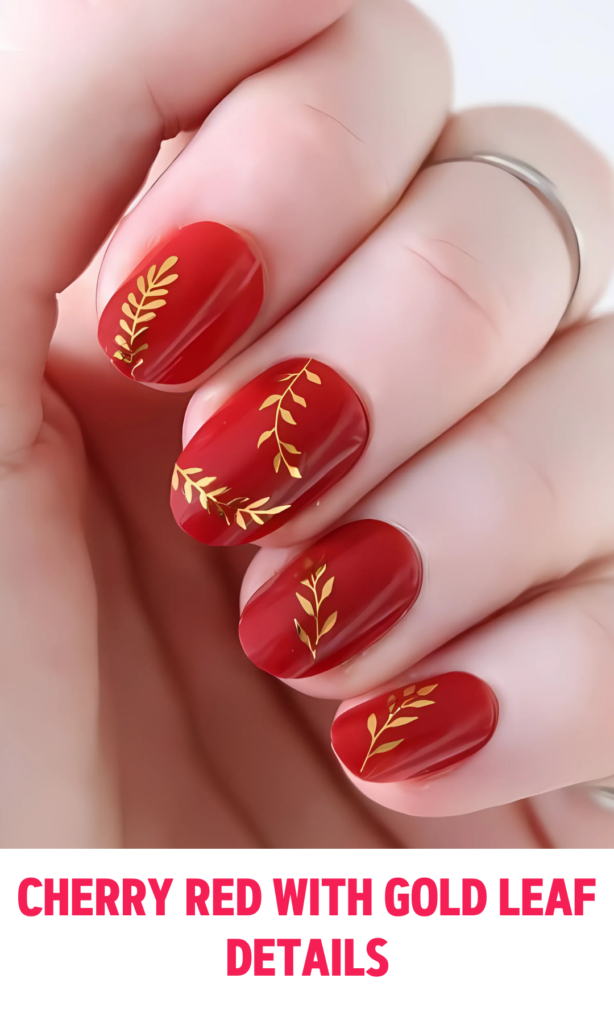 Cherry Red Nails with Gold Leaf Details