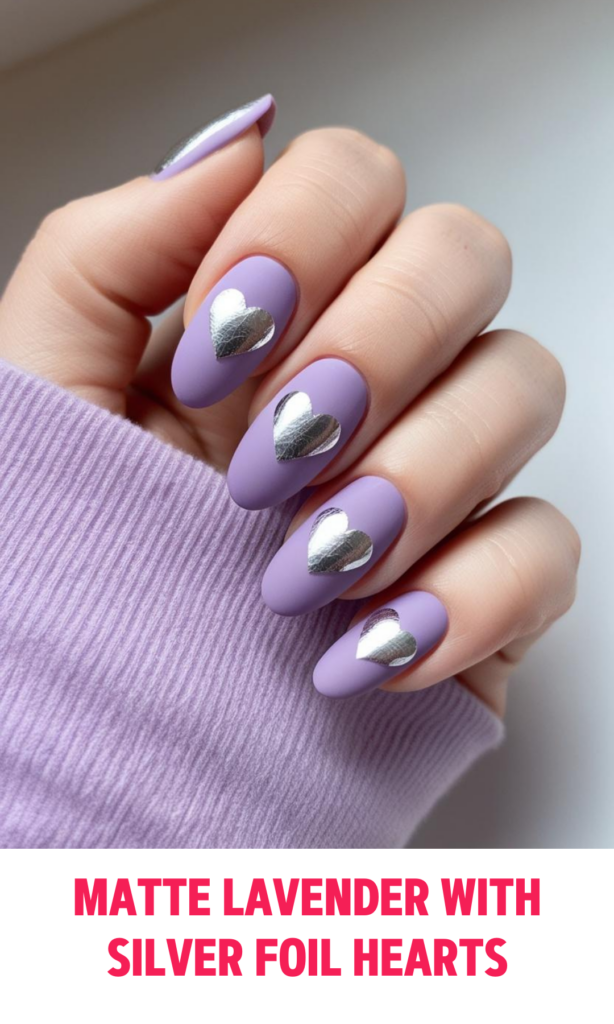 Matte Lavender Nails with Silver Foil Hearts