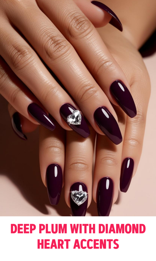 Deep Plum Nails with Diamond Heart Accents