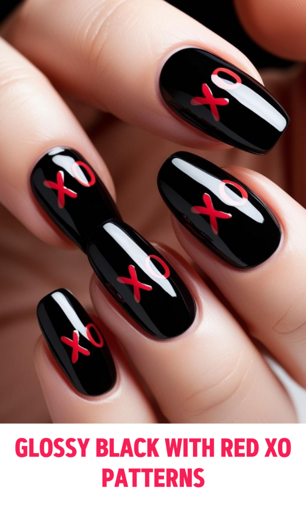 Glossy Black Nails with Red XO Patterns