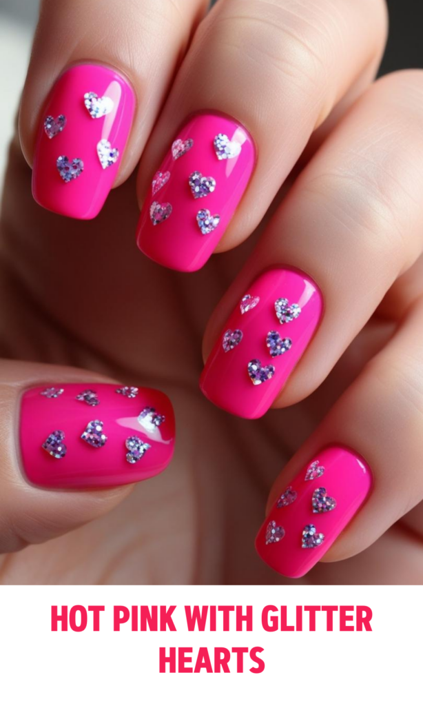 Hot Pink Nails with Glitter Hearts