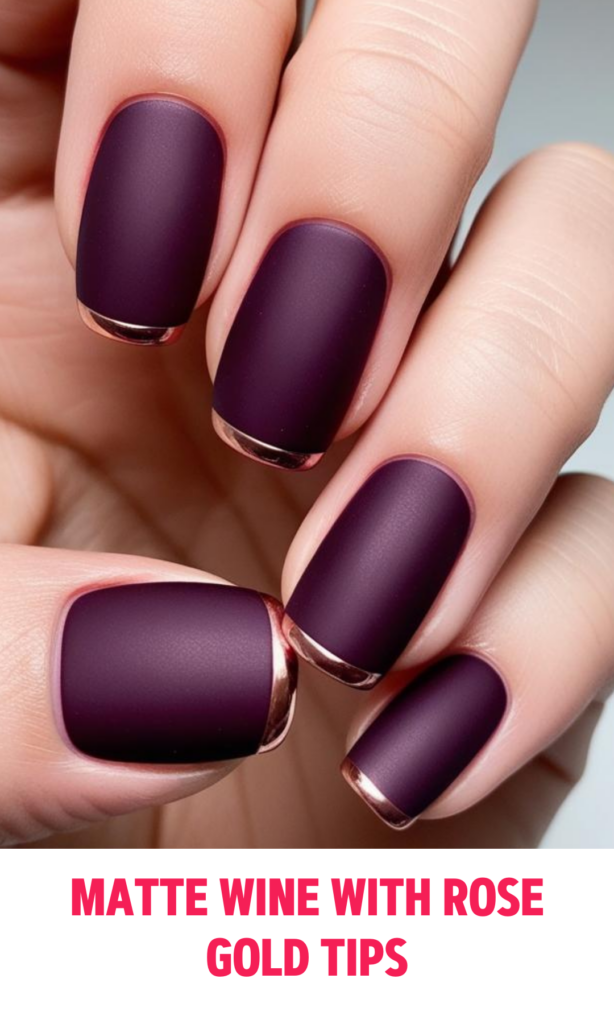 Matte Wine Nails with Rose Gold Tips