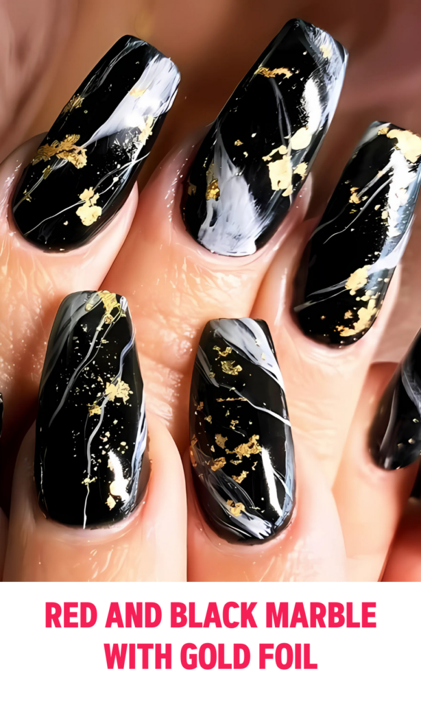 Red and Black Marble Nails with Gold Foil