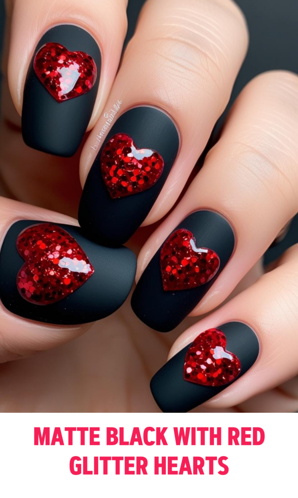 Matte Black Nails with Red Glitter Hearts