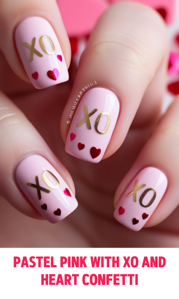 Pastel Pink Nails with XO and Heart Confetti