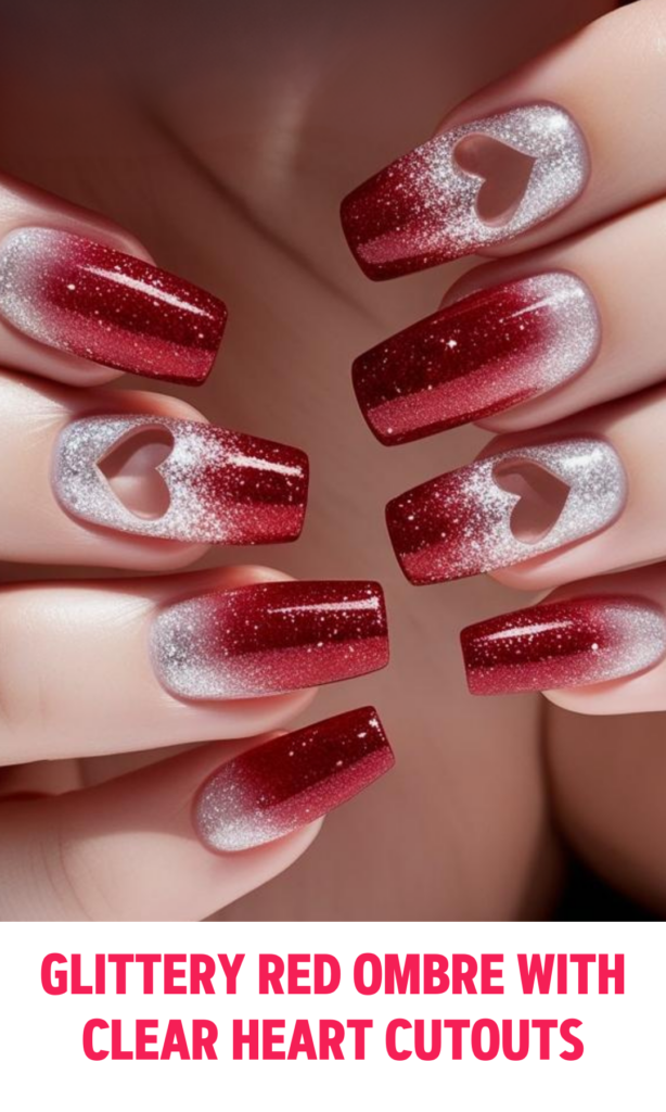 Glittery Red Ombre Nails with Clear Heart Cutouts